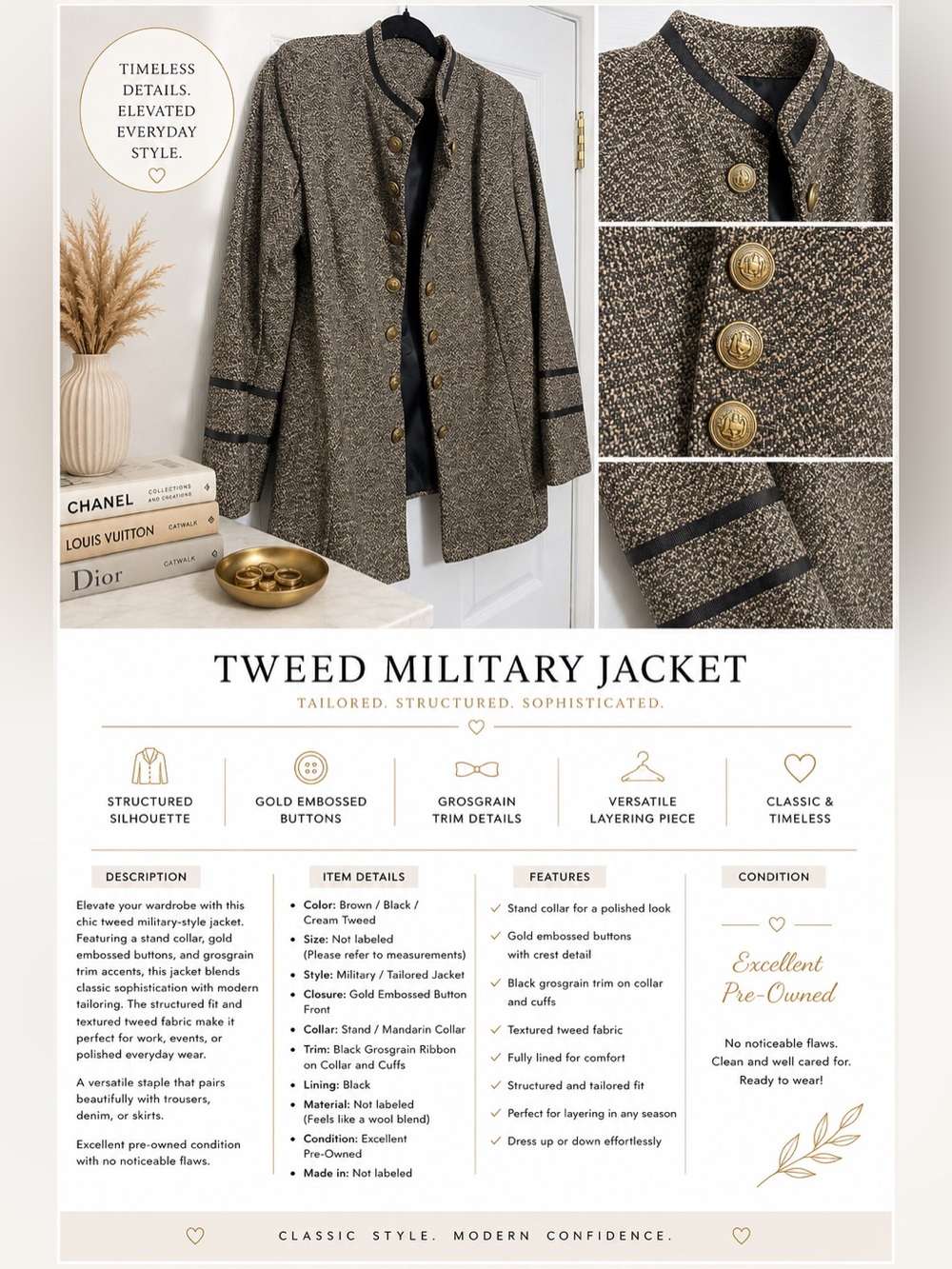 Tweed Military Jacket - Brown/Black/Cream